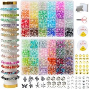 1300PCS 8mm Mixed Crackle Glass Beads for Bracelets Making with Accessories, 48 Colors Crystal Glass Beads Jewelry Making Kit, Round Beads for DIY Bracelet Crafts